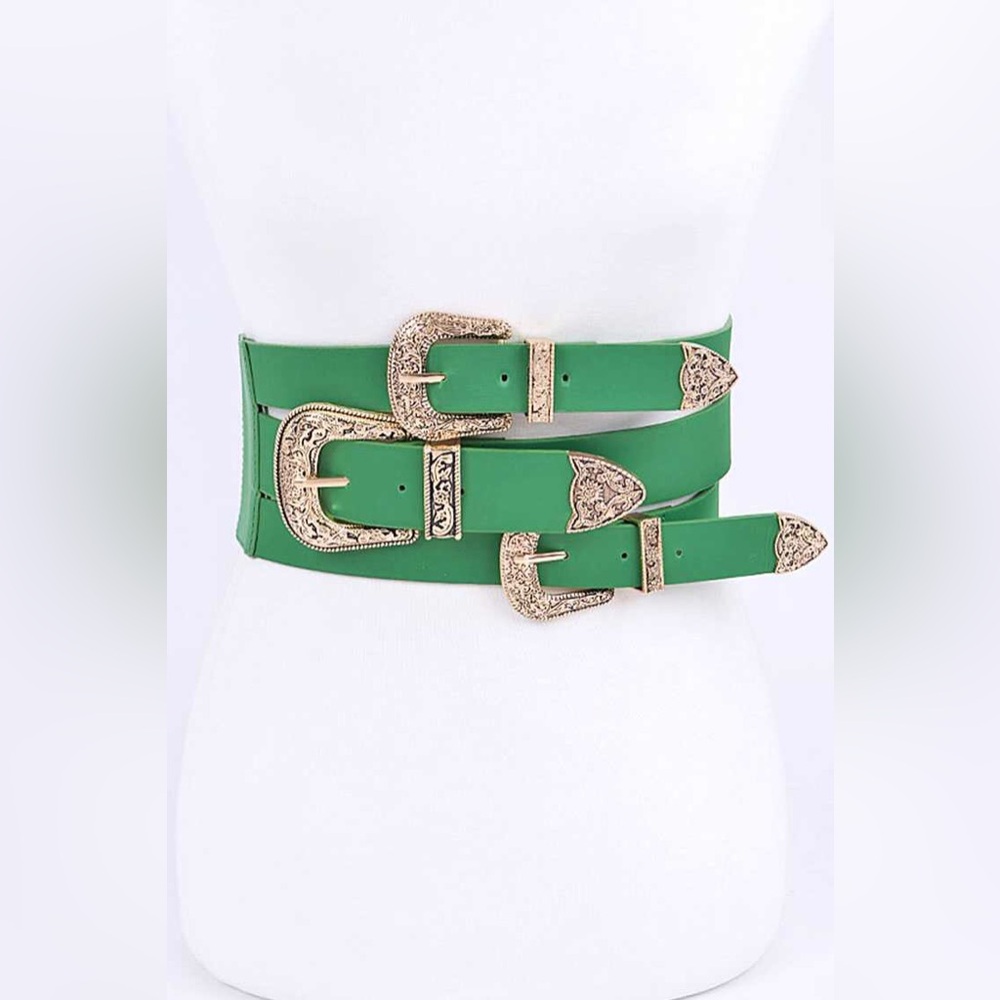 Green Vegan Leather Triple Buckle Western Corset Statement Belt